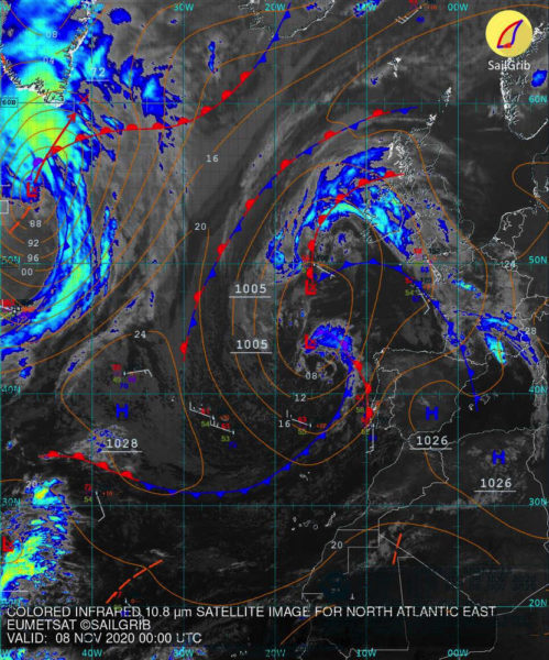 Situation combinée satellite et fronts le 8 novembre 00Z par SailGrib