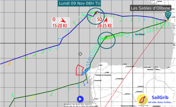 Cliquez pour agrandir... Routages SailGrib avec GFS 0,5° le dimanche 8 novembre 00h UTC